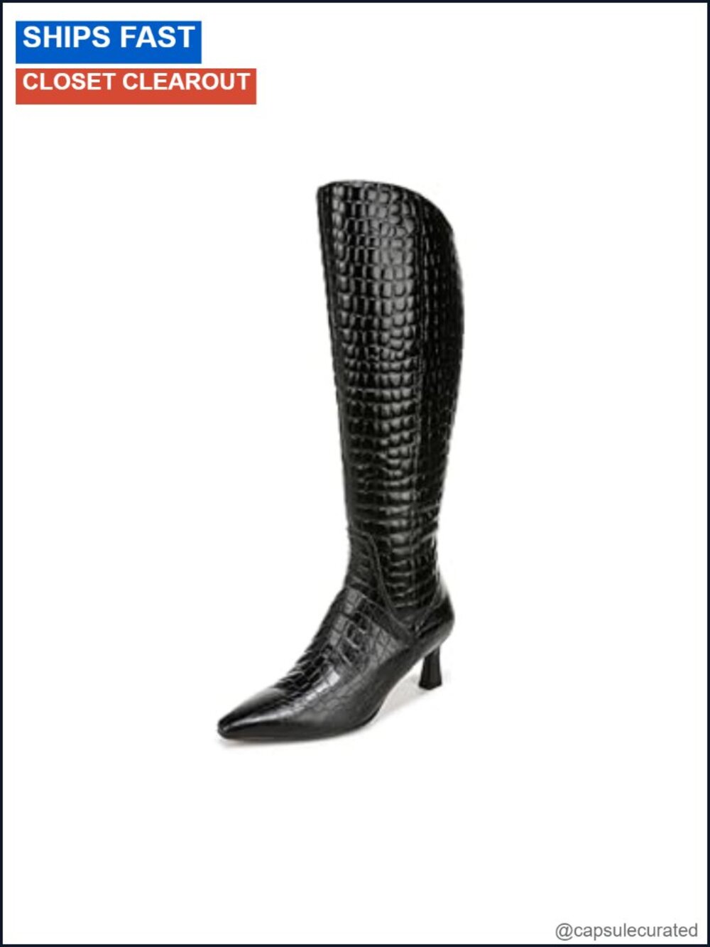 Knee High Wide Calf Boots Leather Snip Toe Kitten Heel